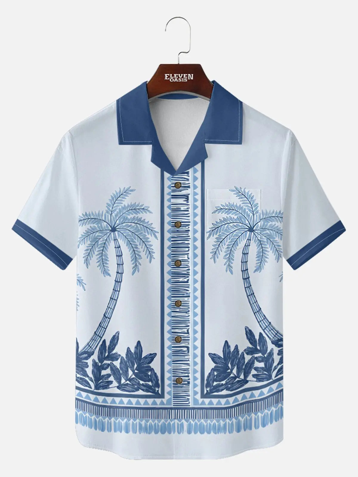 Men's Blue Palm Tile Panel Short Sleeve Shirt
