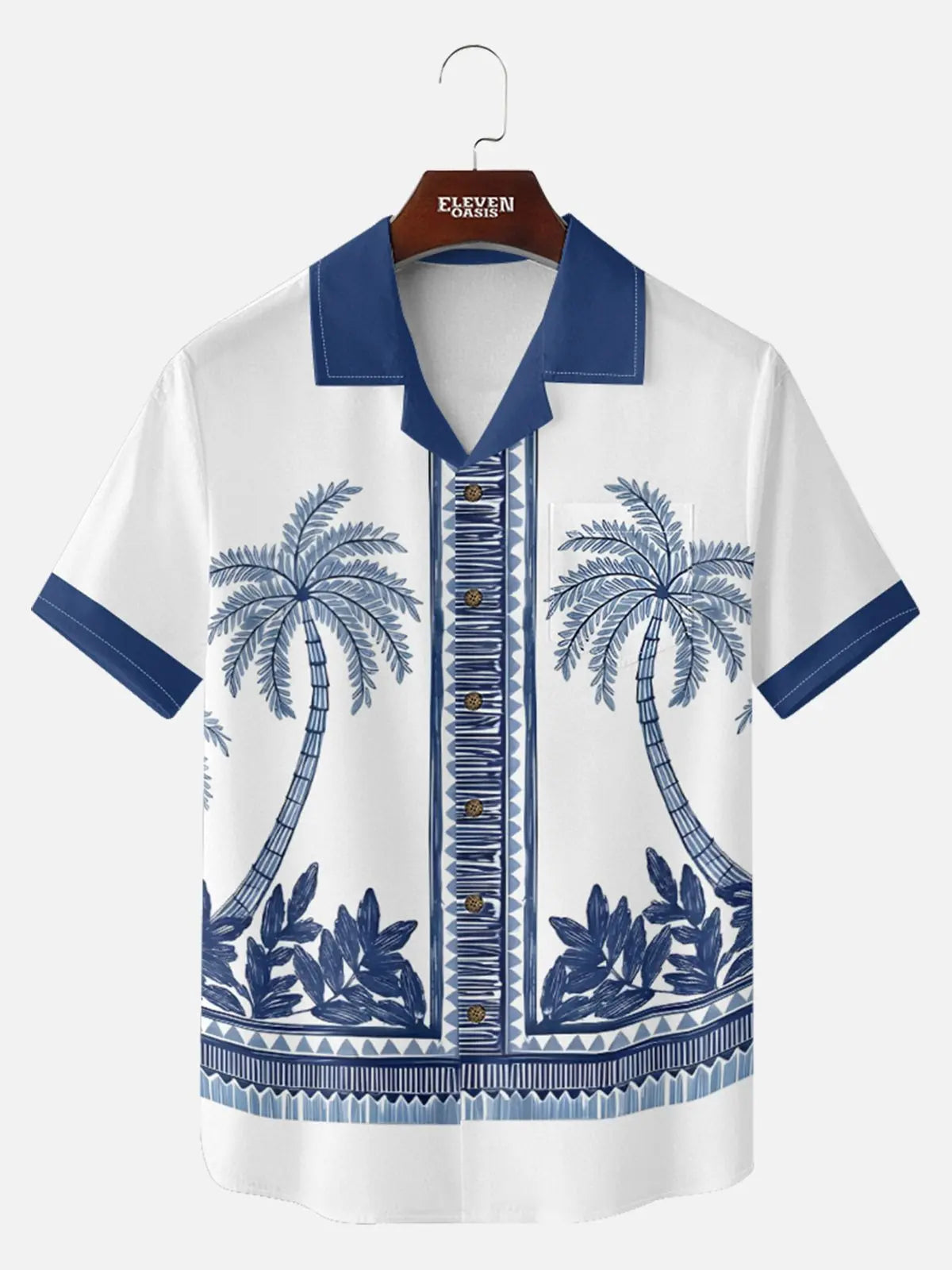 Men's Blue Palm Tile Panel Short Sleeve Shirt