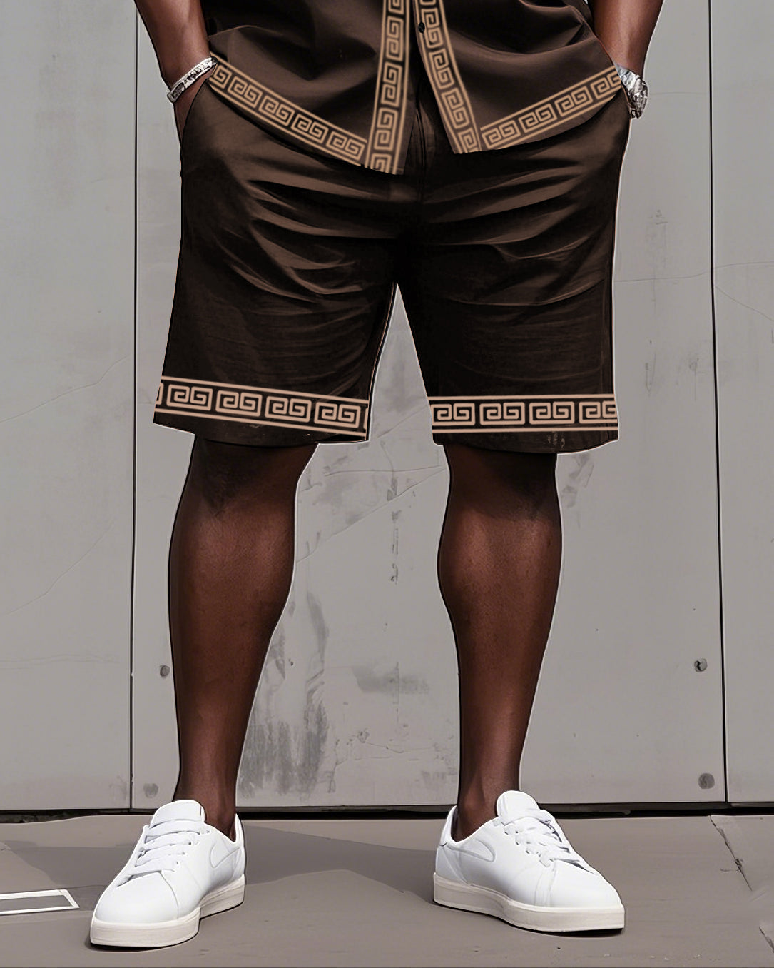 Big Man's Retro Daily Casual Edge Color Block Printing Short Sleeve Shirt and Shorts Suit