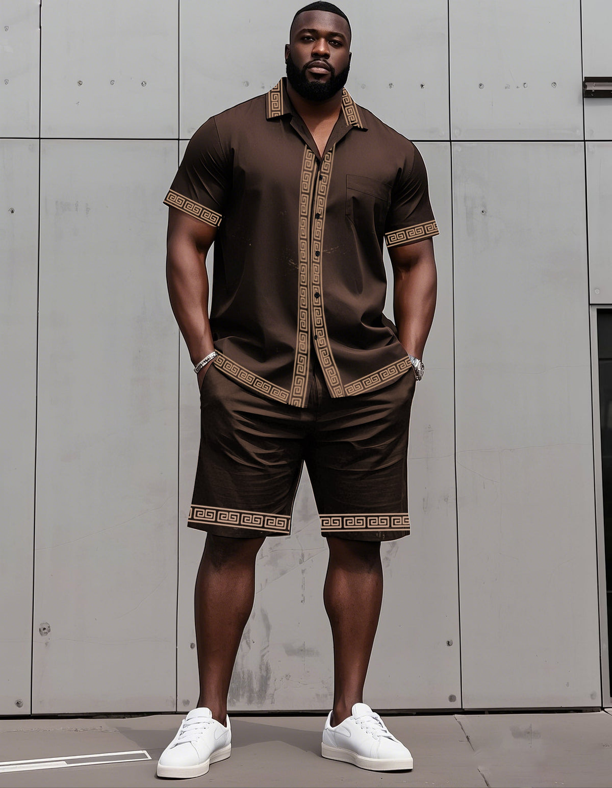 Big Man's Retro Daily Casual Edge Color Block Printing Short Sleeve Shirt and Shorts Suit