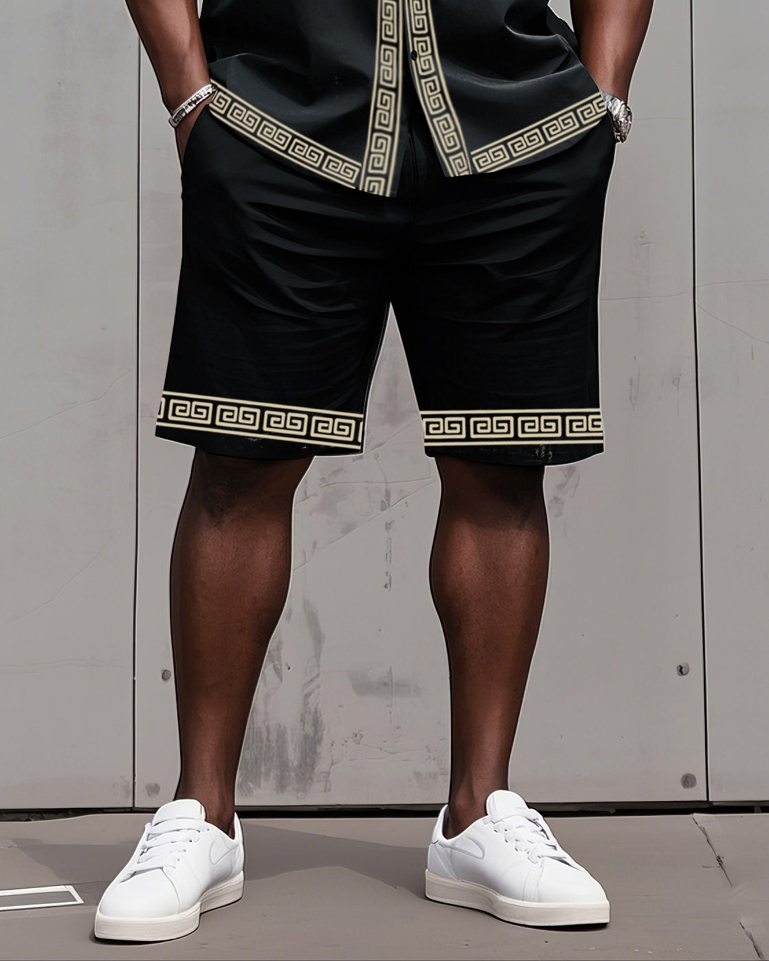 Big Man's Retro Daily Casual Edge Color Block Printing Short Sleeve Shirt and Shorts Suit