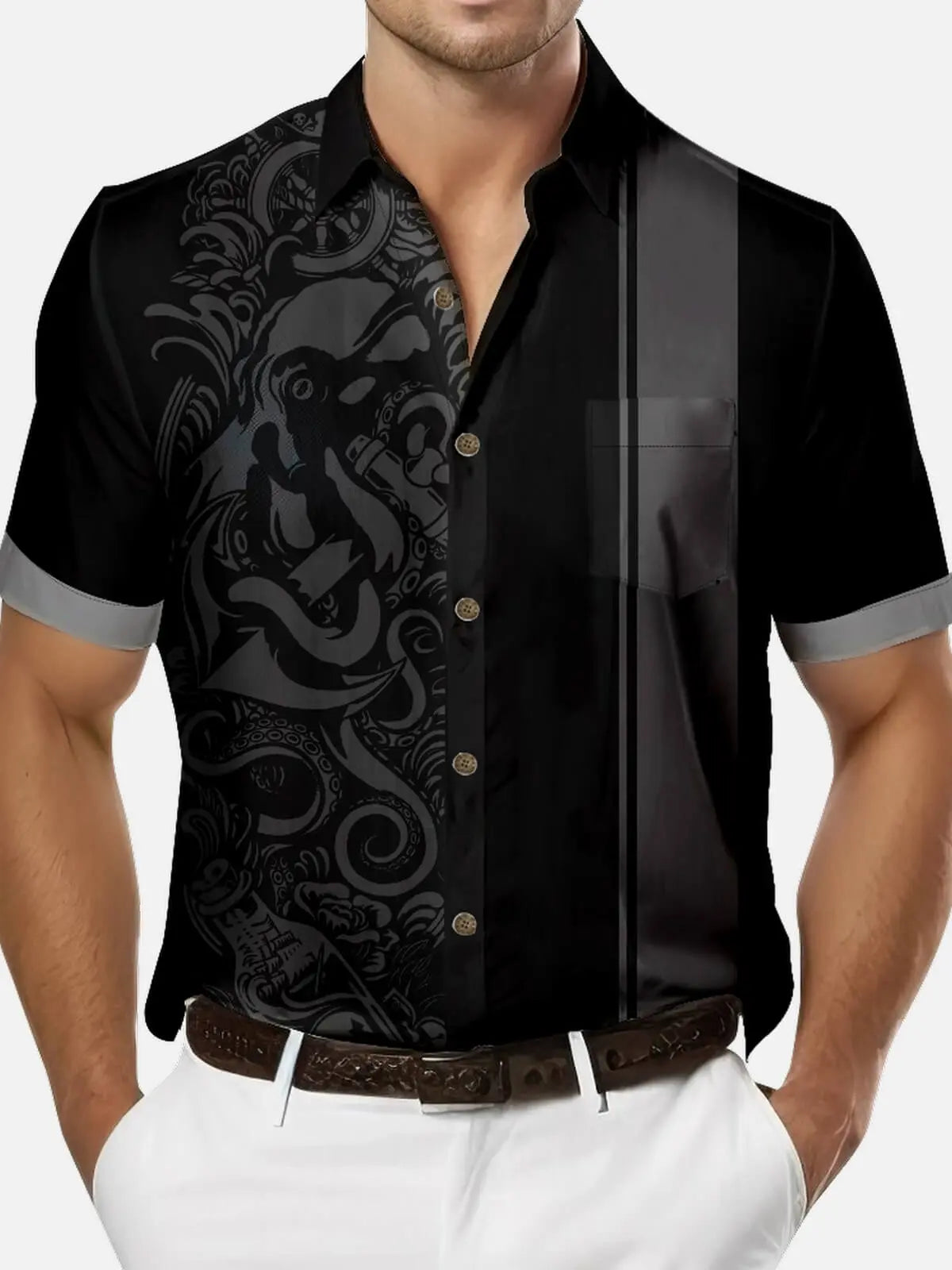 Tall Men's Blackout Kraken Tattoo Bowling Shirt