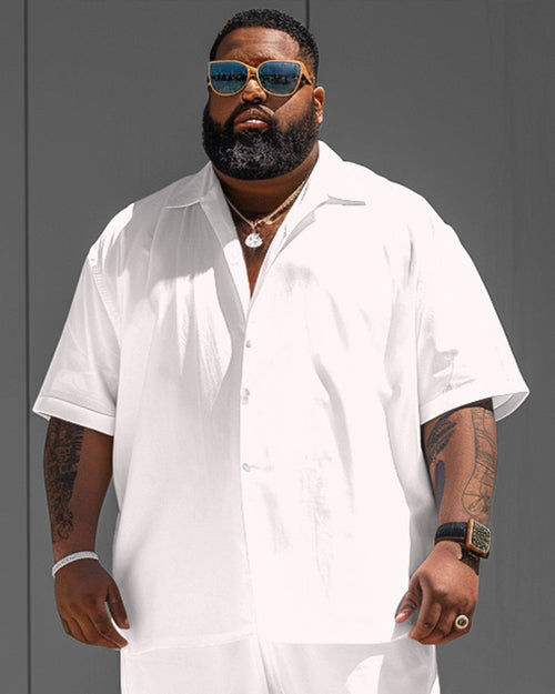 Big Guy Versatile White Solid Color Short Sleeve Shirt and Shorts Set