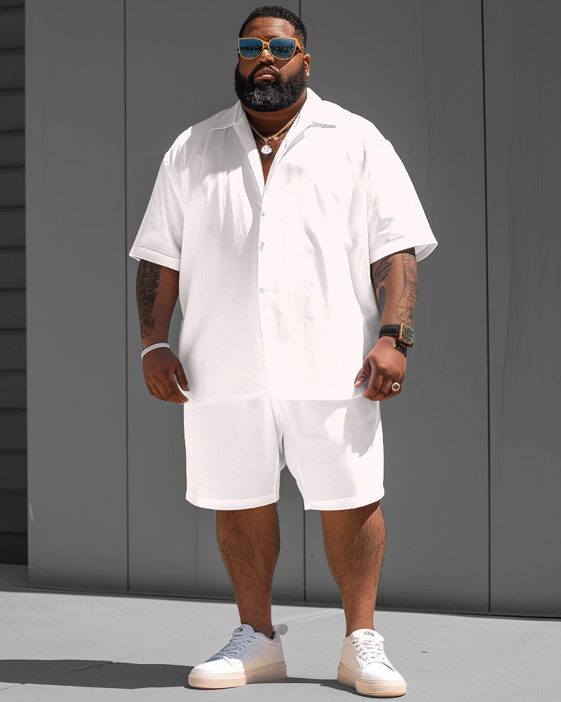 Big Guy Versatile White Solid Color Short Sleeve Shirt and Shorts Set