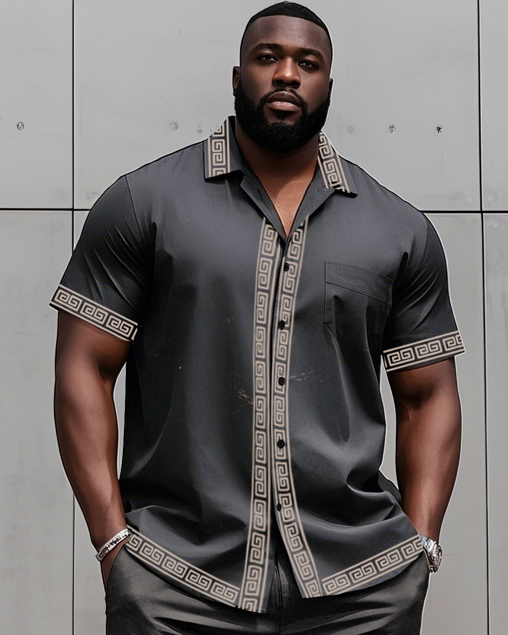 Big Man's Retro Daily Casual Edge Color Block Printing Short Sleeve Shirt and Shorts Suit