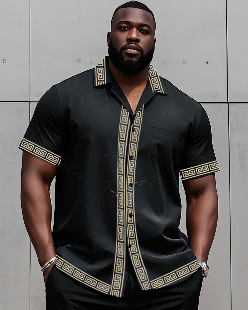 Big Man's Retro Daily Casual Edge Color Block Printing Short Sleeve Shirt and Shorts Suit