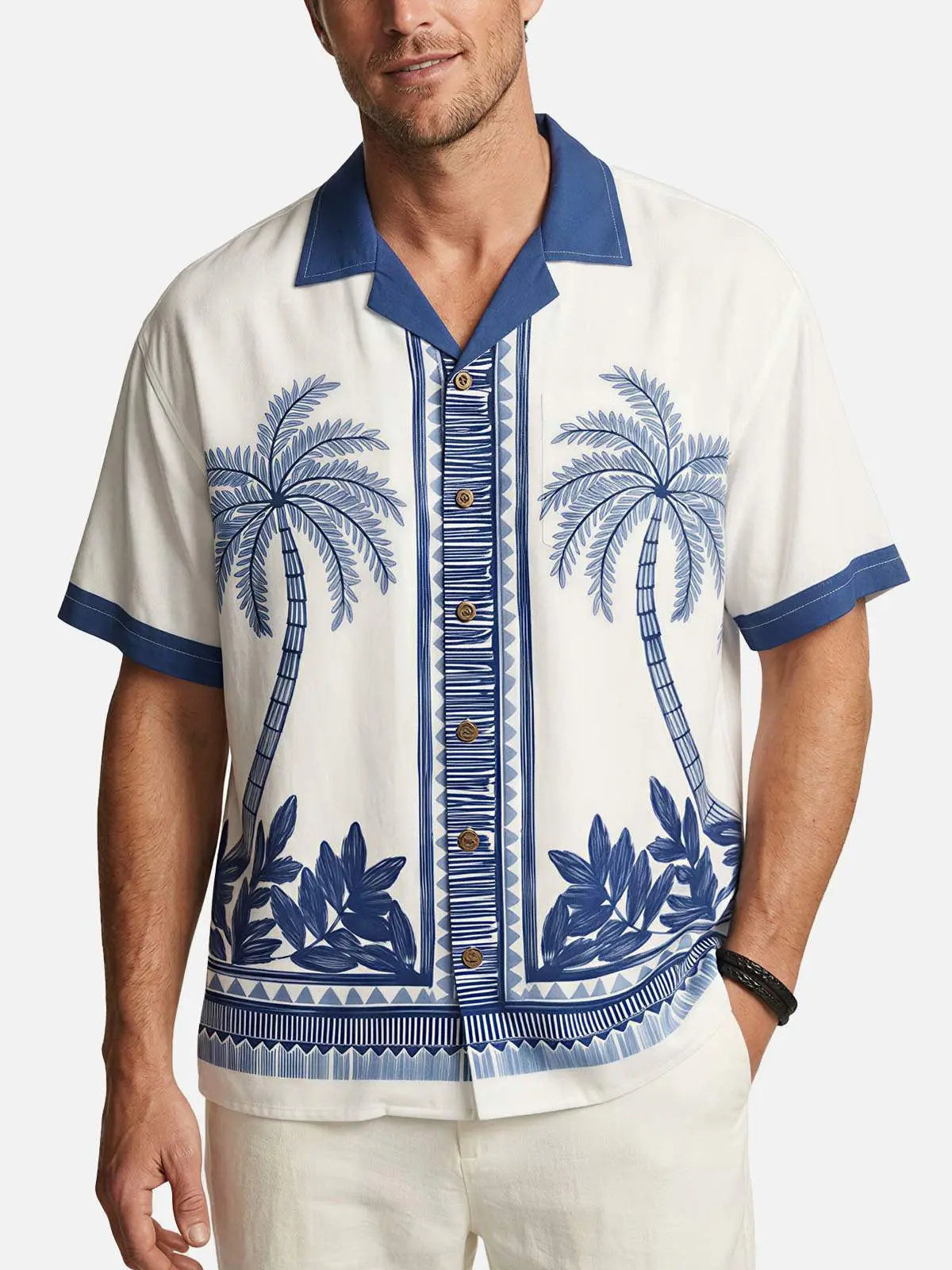 Men's Blue Palm Tile Panel Short Sleeve Shirt