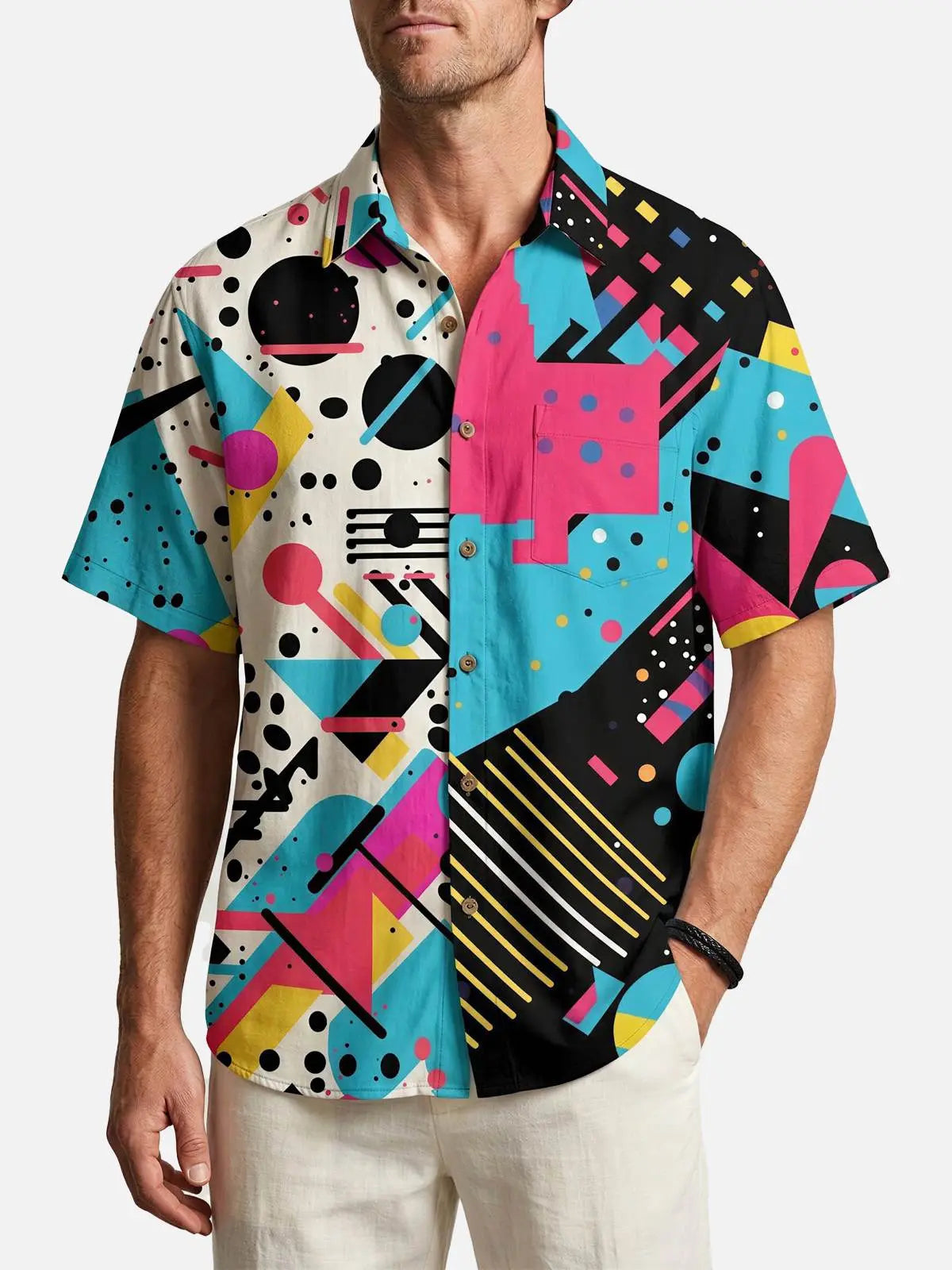 Men's Trapper Keeper Inspired Colorful  Geometric Shapes Short Sleeve Shirt