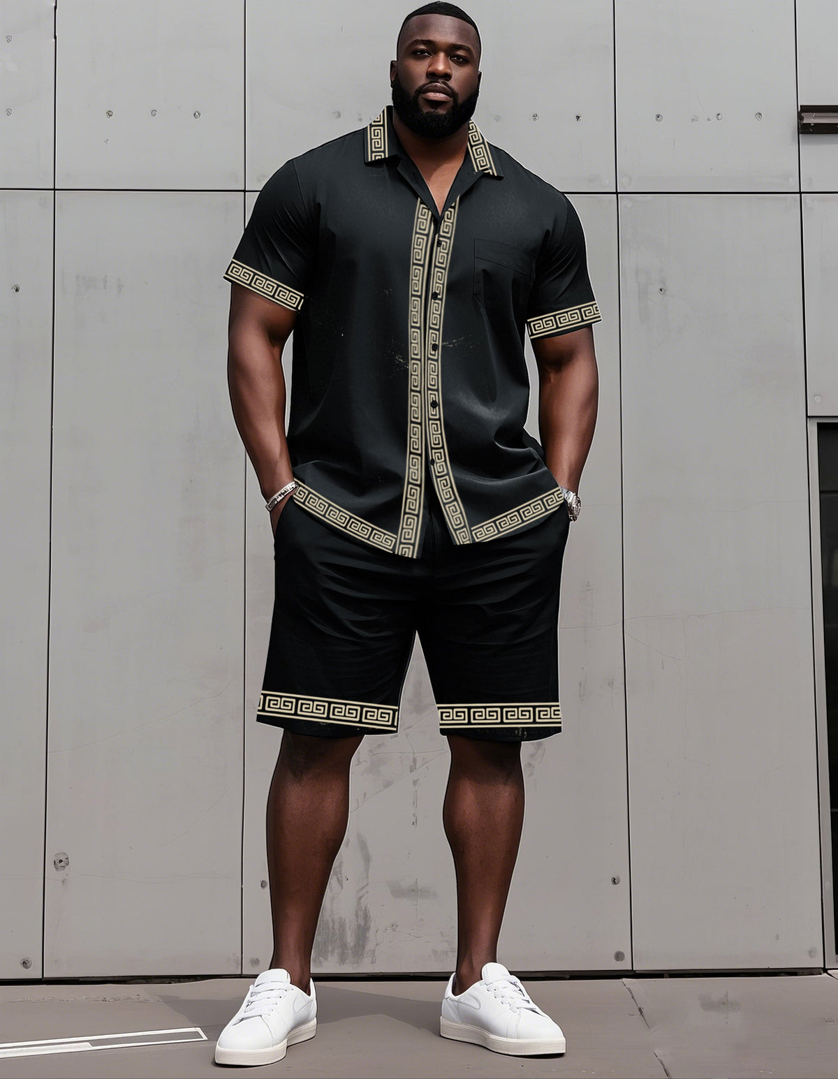 Big Man's Retro Daily Casual Edge Color Block Printing Short Sleeve Shirt and Shorts Suit