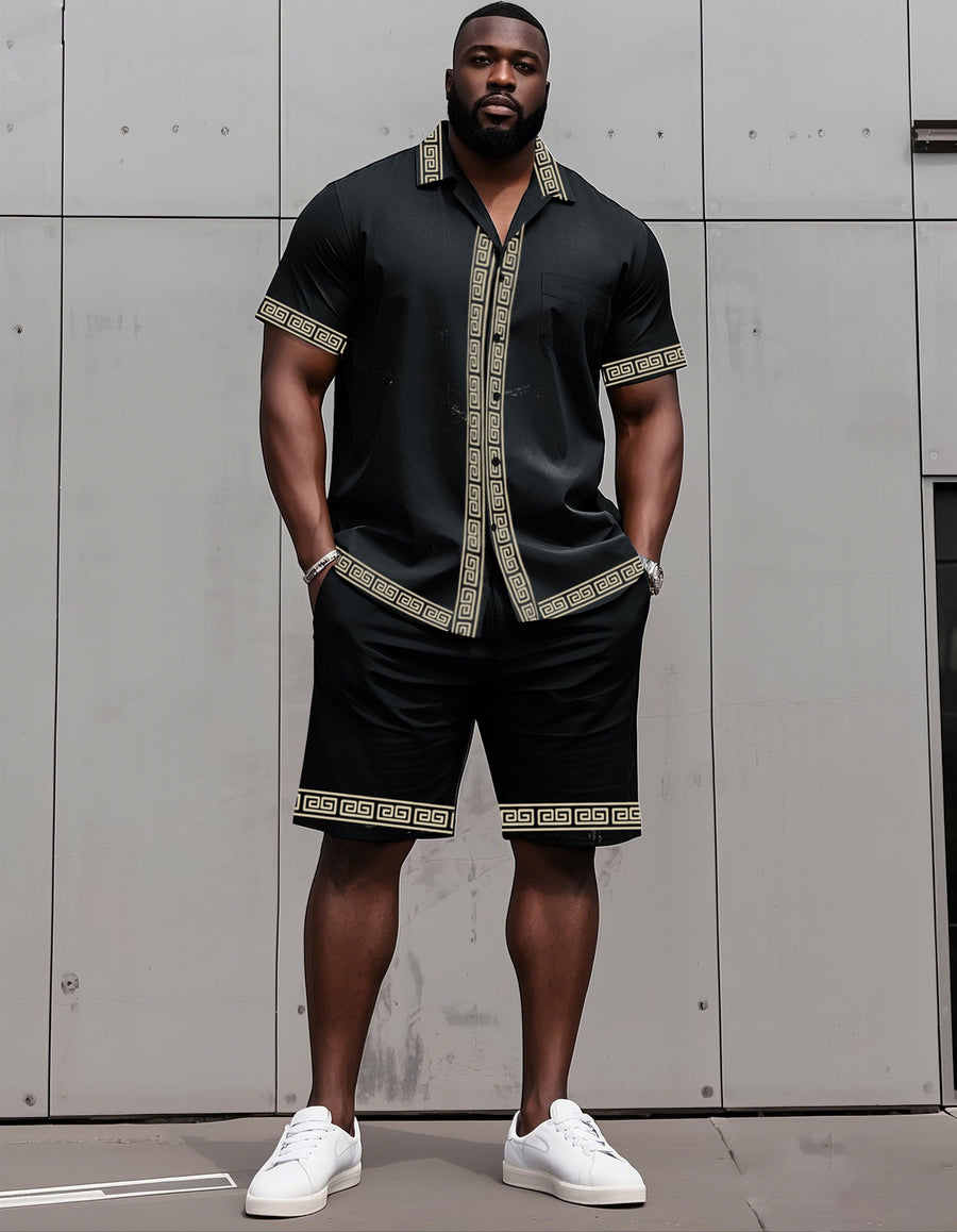Big Man's Retro Daily Casual Edge Color Block Printing Short Sleeve Shirt and Shorts Suit