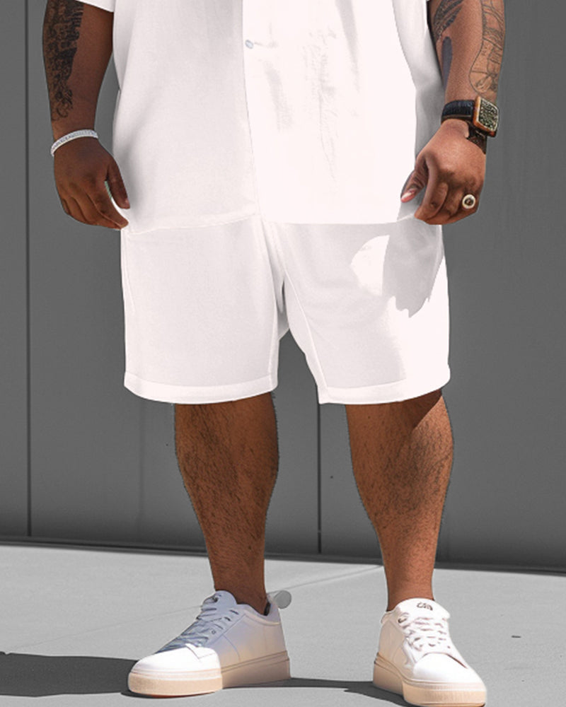 Big Guy Versatile White Solid Color Short Sleeve Shirt and Shorts Set