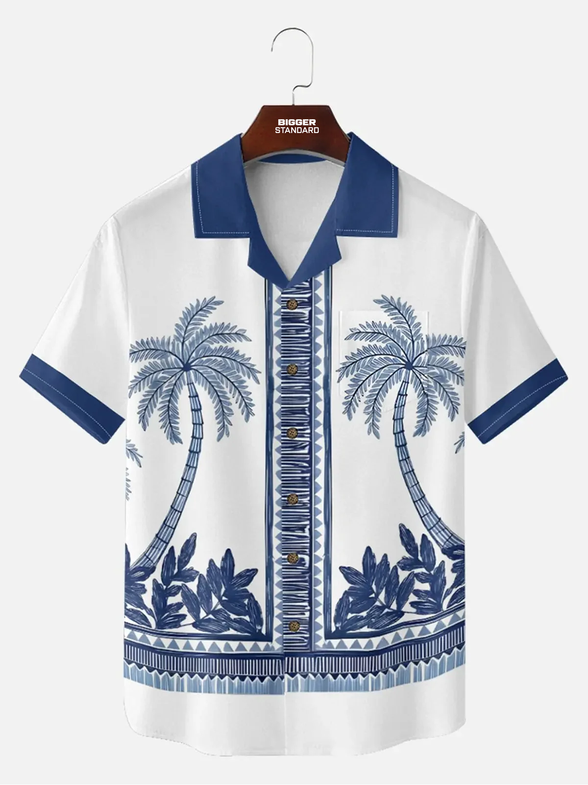 Men's Blue Palm Tile Panel Short Sleeve Shirt